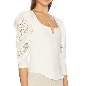 Free People Brunch Date Knit V-Neck 3/4 Puffed Lace Sleeve Top XS